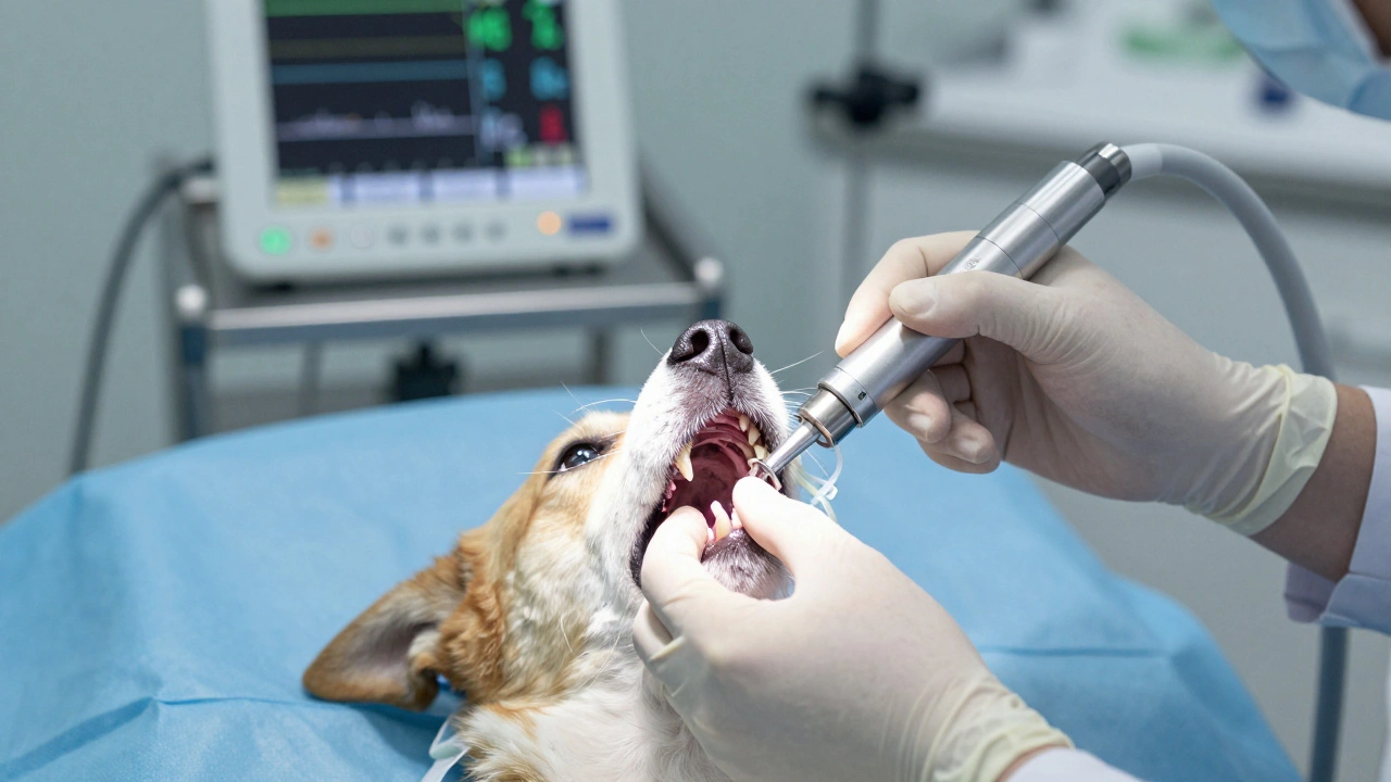 Vet performing a tooth extraction on a dog under anesthesia, using dental tools with monitors displaying vital signs.