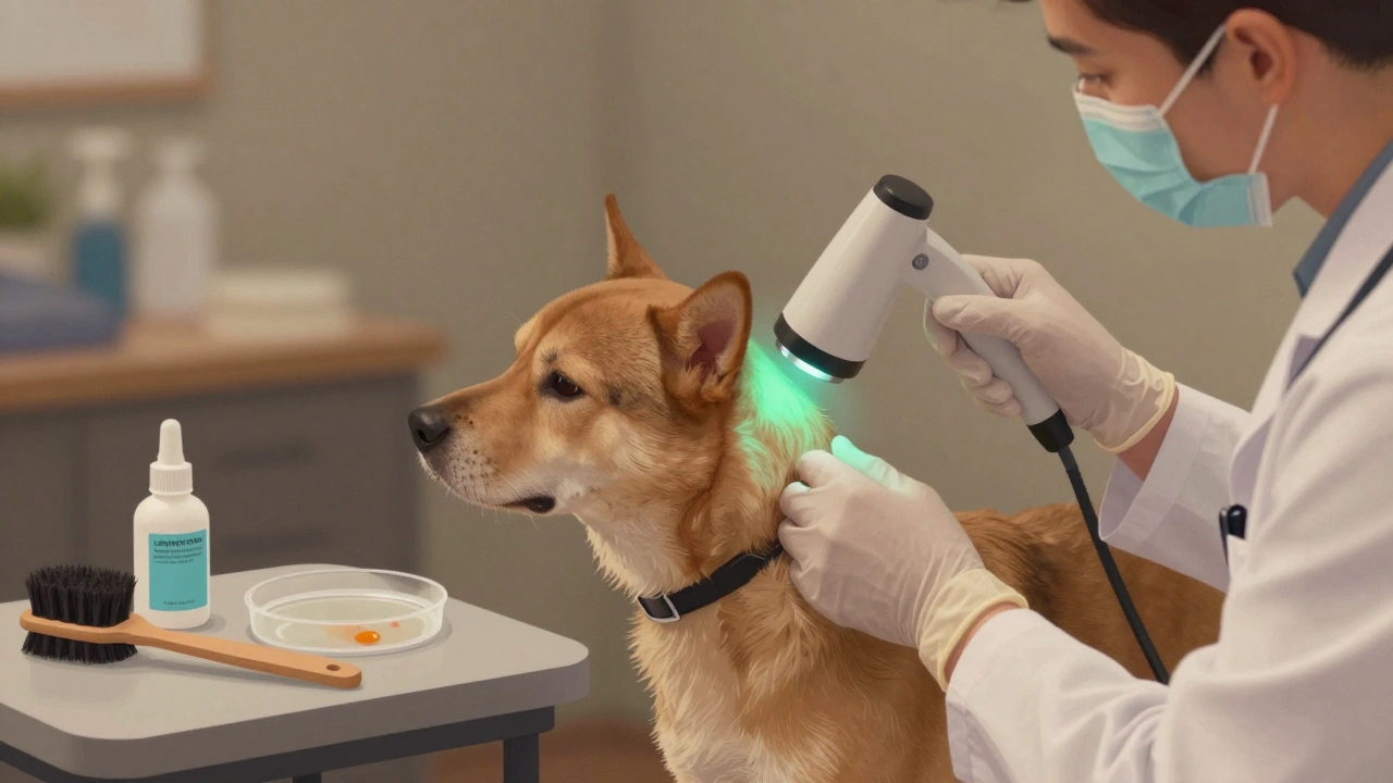 Veterinarian using a blacklight to examine a dog's fur in a clinic, with a green glow indicating possible ringworm.