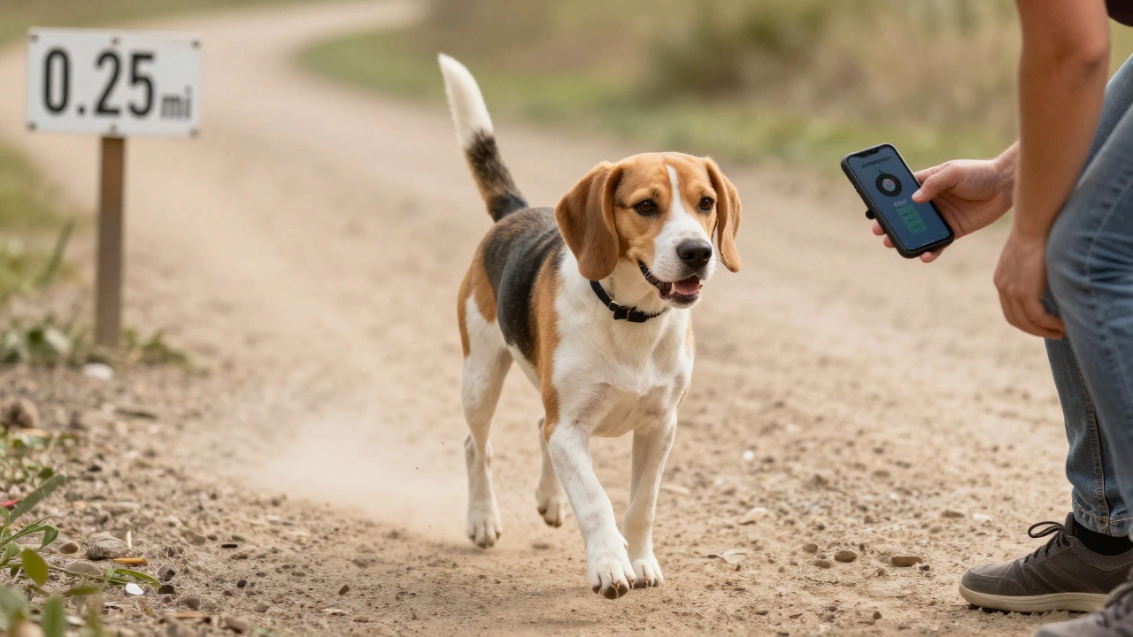 A Beagle jogging at a steady 5 mph on a measured path, owner timing the walk with a phone app.