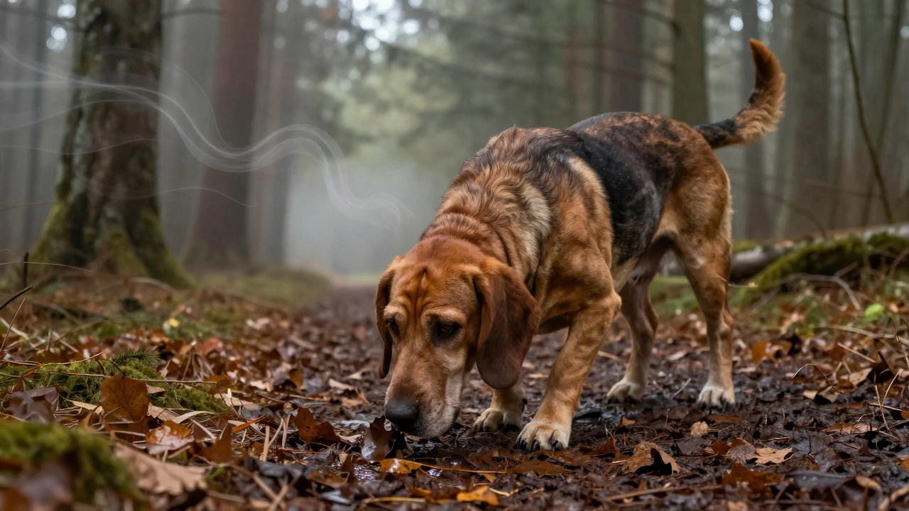 A bloodhound tracking a scent along a forest trail, nose to the ground, ears low.