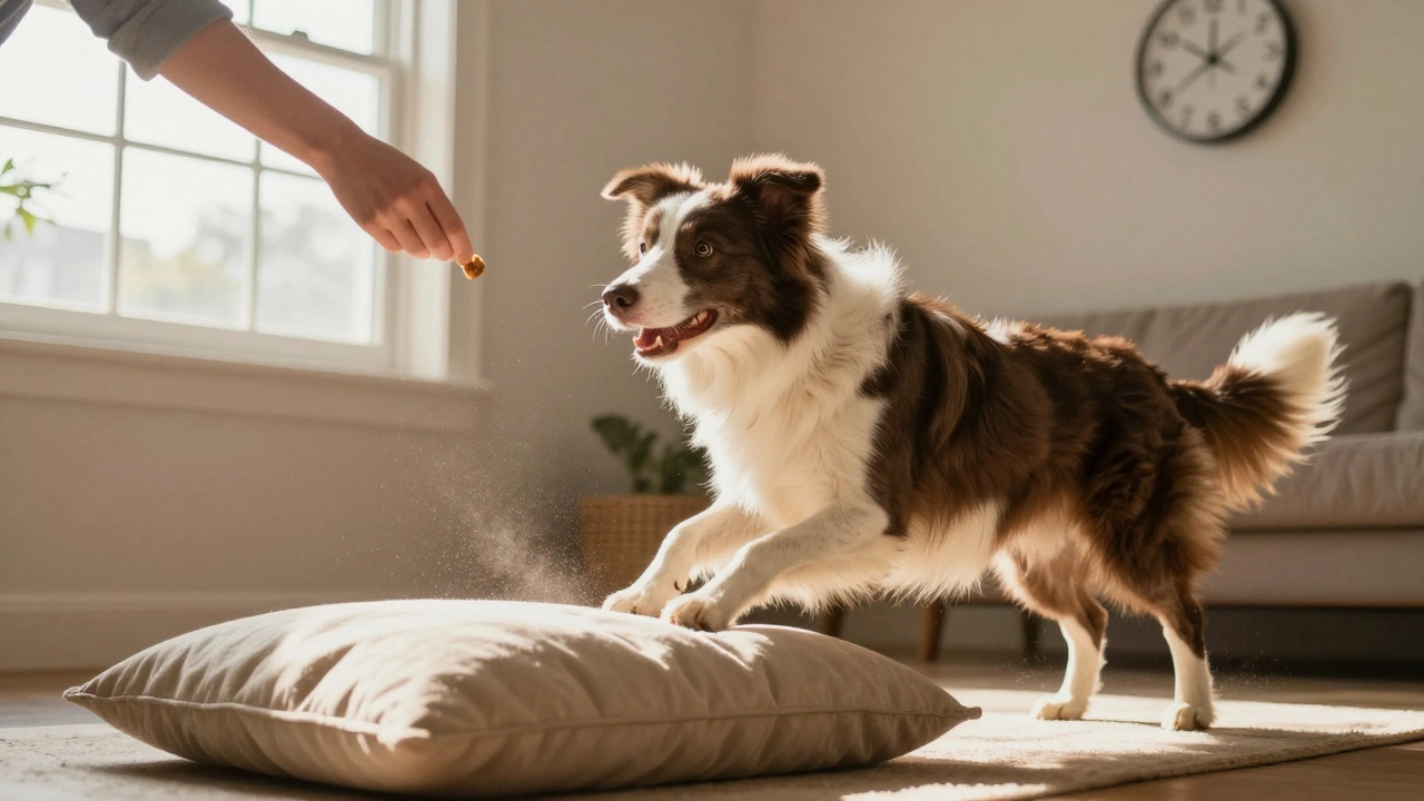 A Border Collie playing an indoor obstacle game with treats under sunlight.