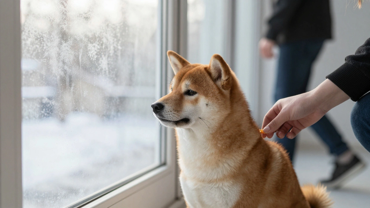 A calm dog watching someone pass by a frosted window with a treat being given.