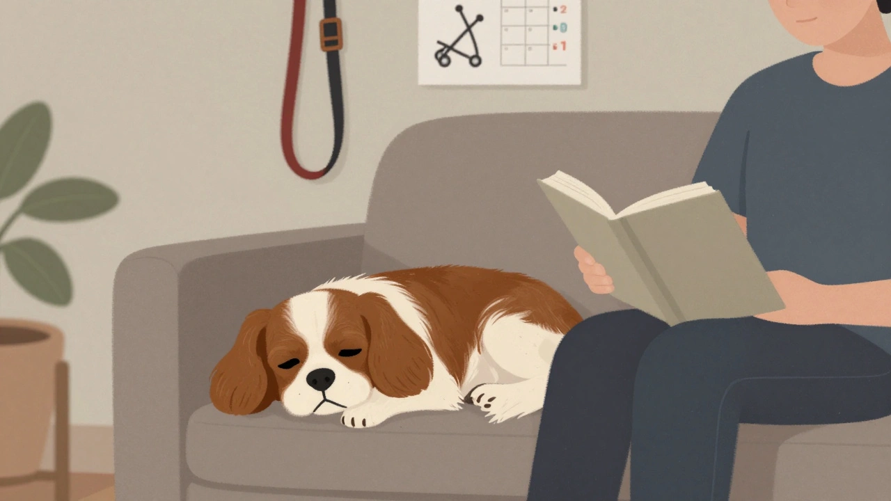 A Cavalier King Charles Spaniel resting calmly on a couch beside a reader in a quiet apartment.