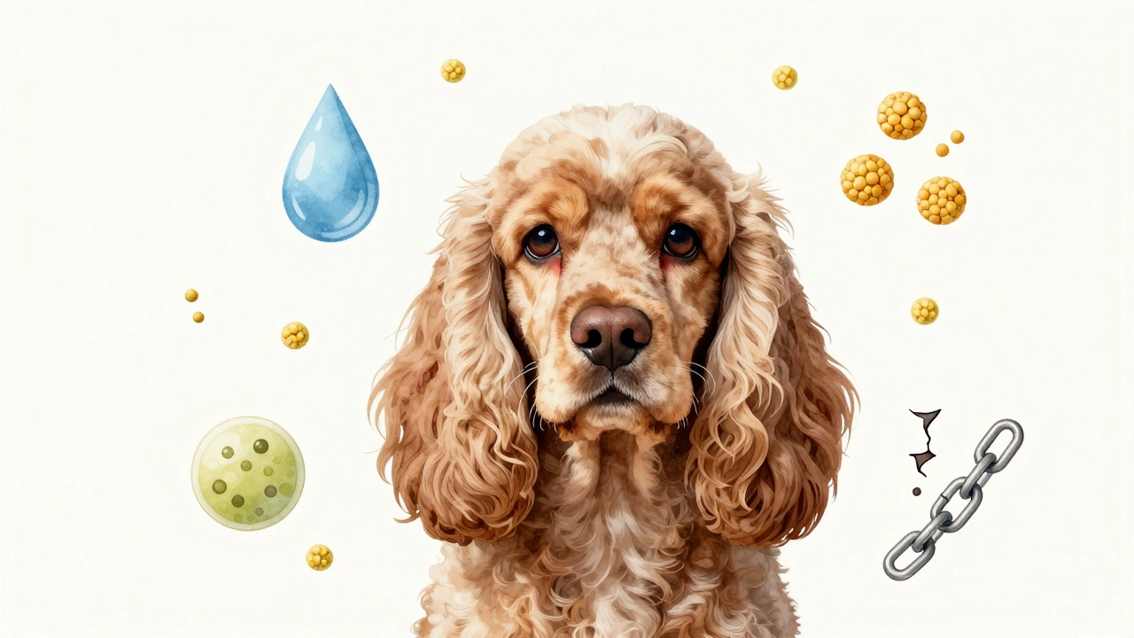 A Cocker Spaniel surrounded by symbols of allergies and infection causing ear polyps.