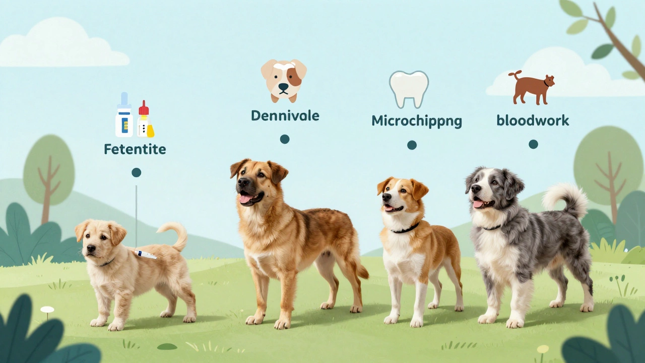 A dog's life journey illustrated with preventive care milestones: vaccines, dental cleaning, and bloodwork.