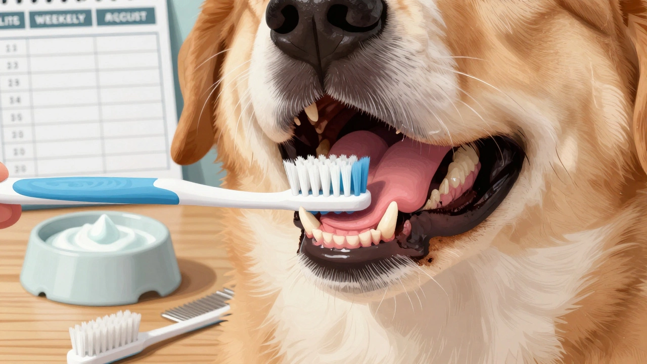 A dog's mouth being brushed, showing healthy gums and tartar buildup.