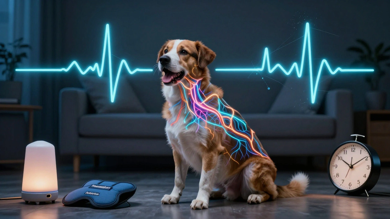 A dog's nervous system glows with stress signals, surrounded by calming tools like a Thundershirt and diffuser.