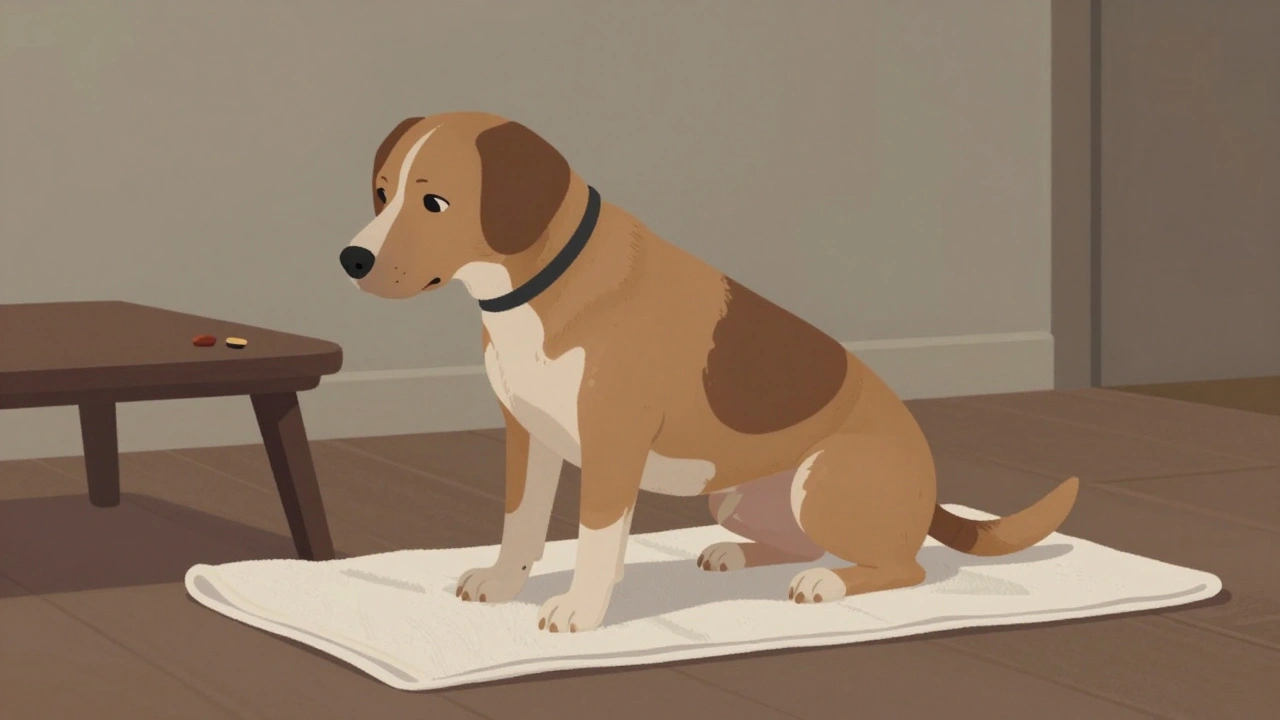 A dog balancing on a towel in a sit-stay, building core strength.