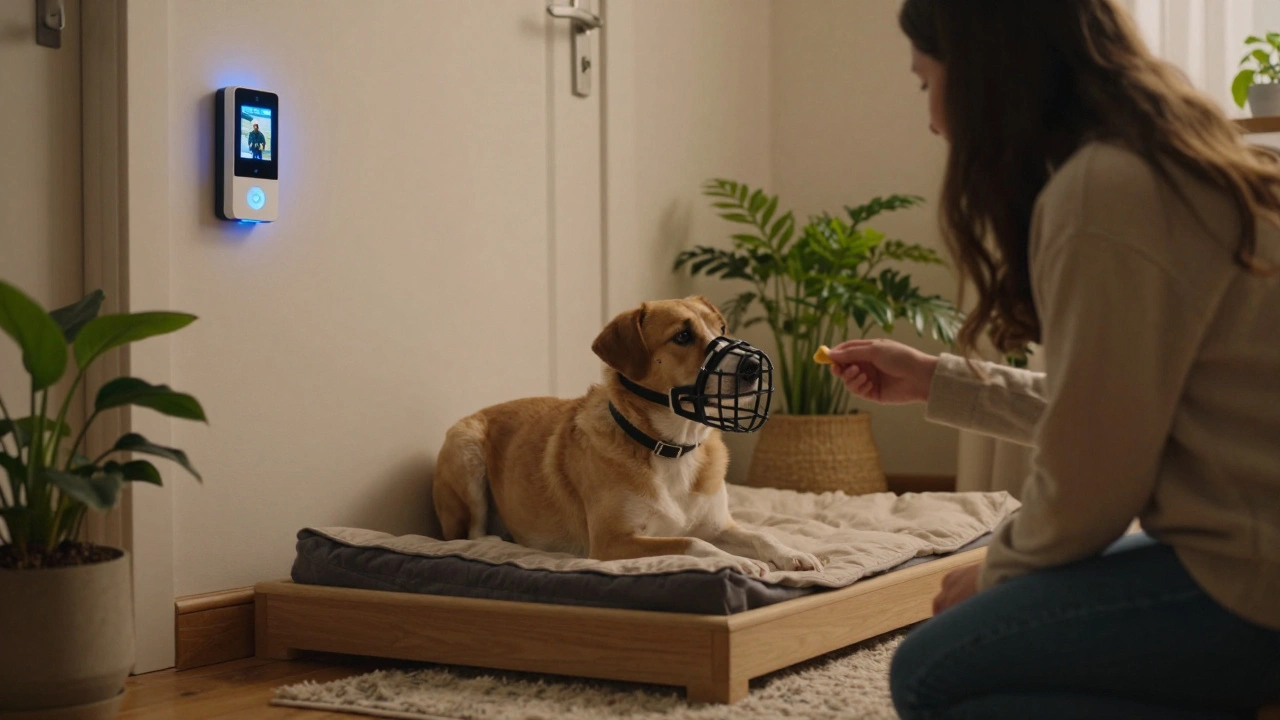 A dog on its bed with a basket muzzle, calm as a video doorbell shows a delivery person outside.