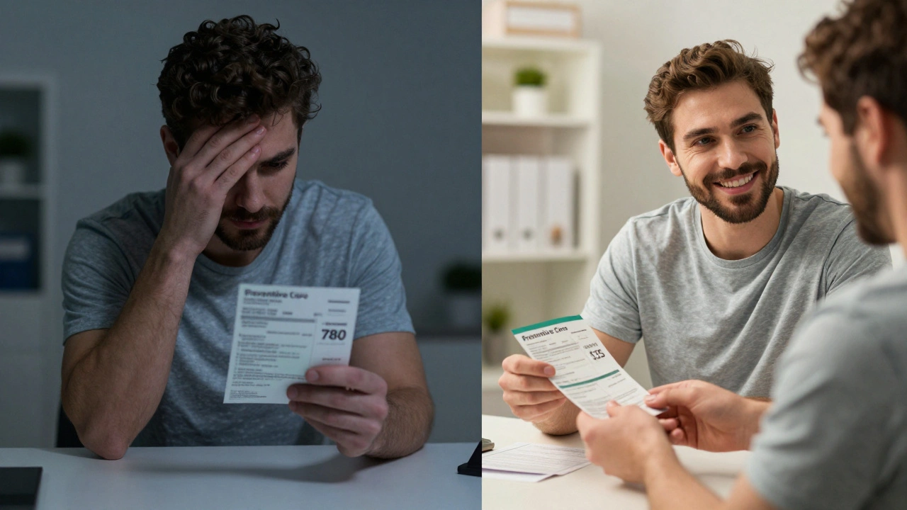 A dog owner comparing a high vet bill to a small monthly wellness payment, showing stress versus peace.