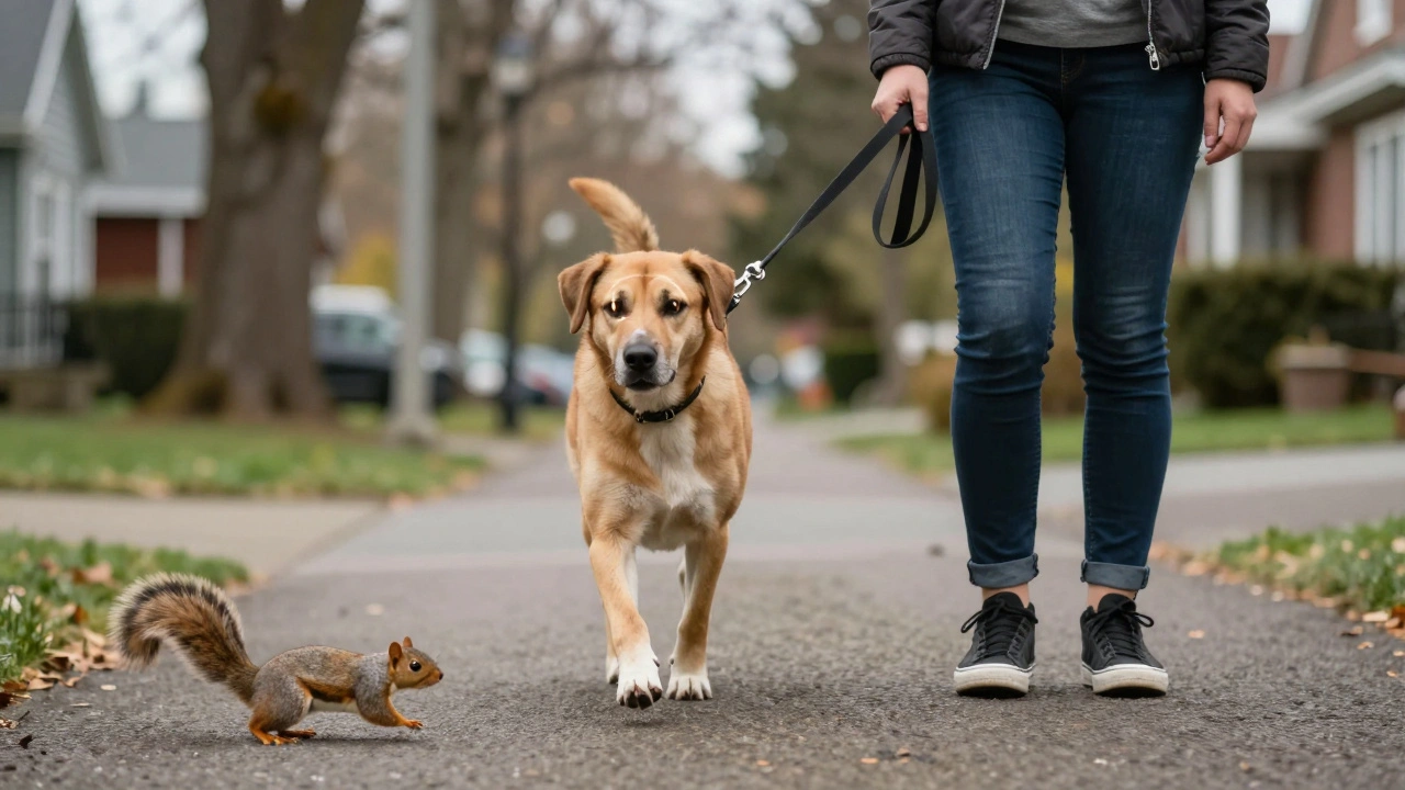 A dog pauses mid-walk as a squirrel crosses the path, owner stands calm, leash loose, dog looking but not pulling.