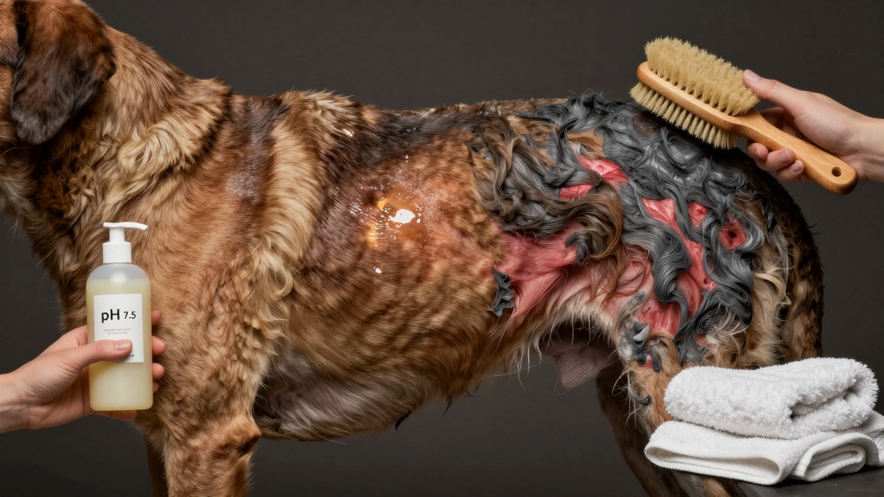 A dog’s skin shown as a balanced ecosystem: healthy fur on one side, damaged skin on the other, with grooming tools nearby.