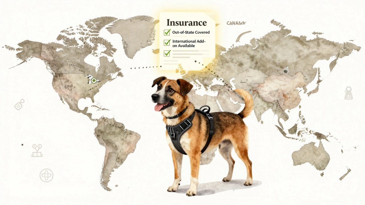 A dog standing on a map of the U.S. and international destinations, with an insurance policy floating above showing coverage options.