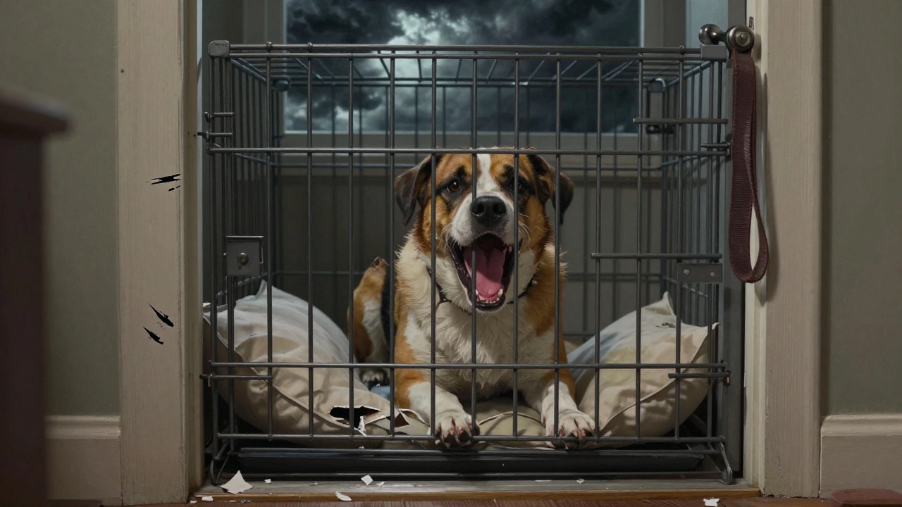 A dog trembles in a crate amid shredded belongings and damaged doorframe, conveying severe separation anxiety.