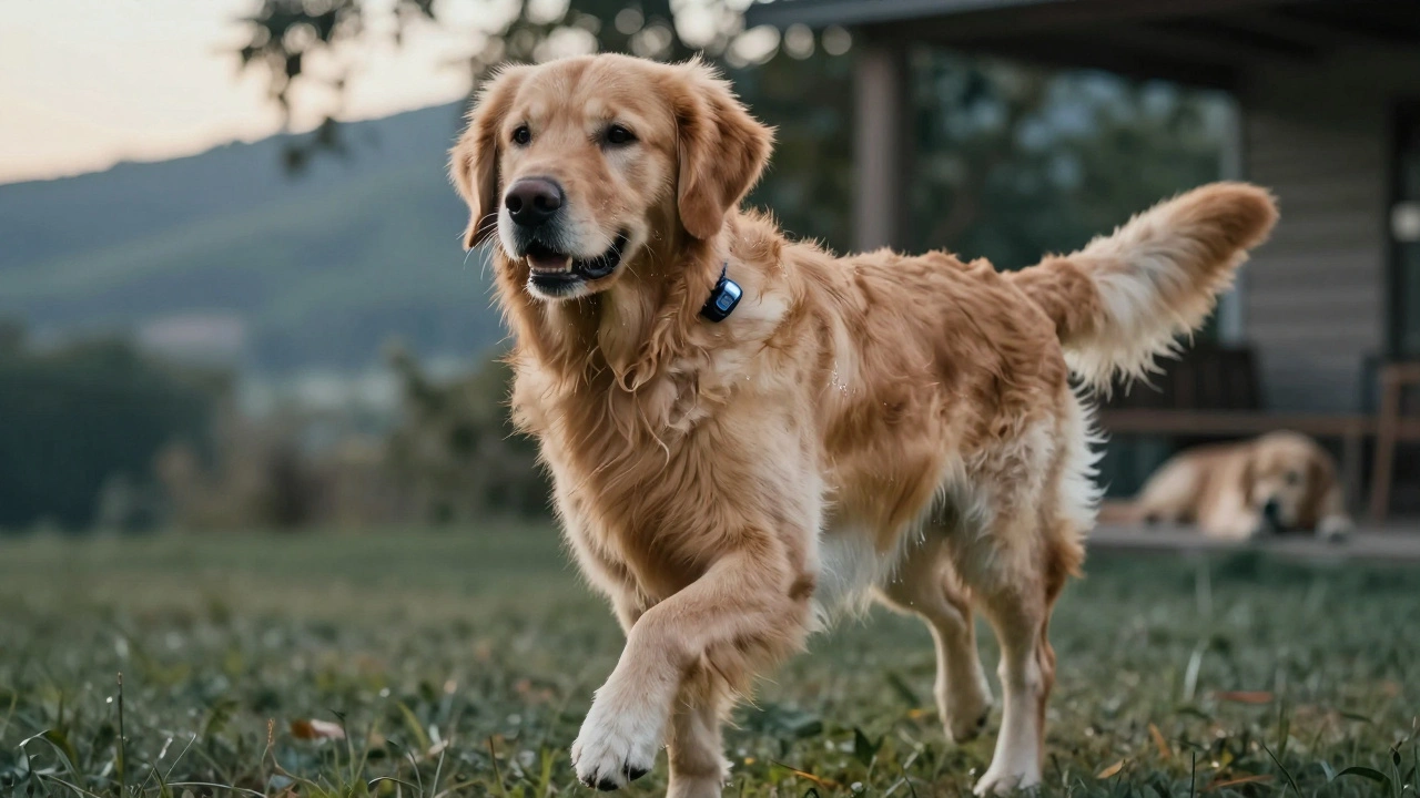 A Golden Retriever in motion during a brisk walk, fitness tracker visible, showing renewed energy after weight loss.