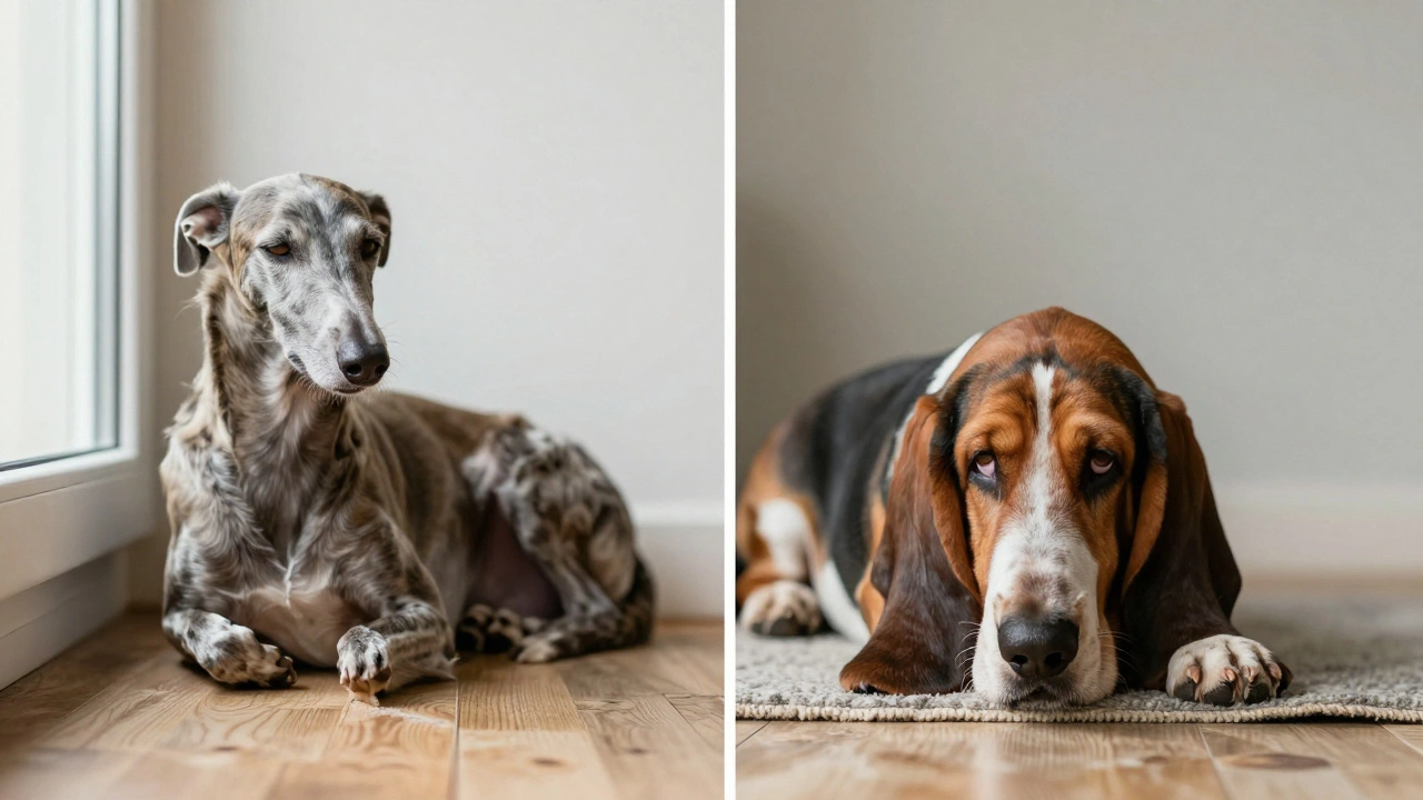 A greyhound and basset hound resting calmly indoors, showcasing their distinct postures.