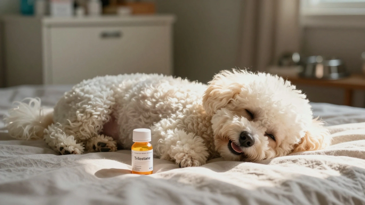 A healed Bichon dog resting comfortably, coat glossy, with a Trilostane pill bottle nearby, symbolizing recovery.