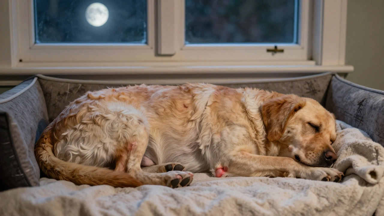 A healthy Labrador sleeping peacefully at night, its skin healed and fur regrown after allergy treatment.