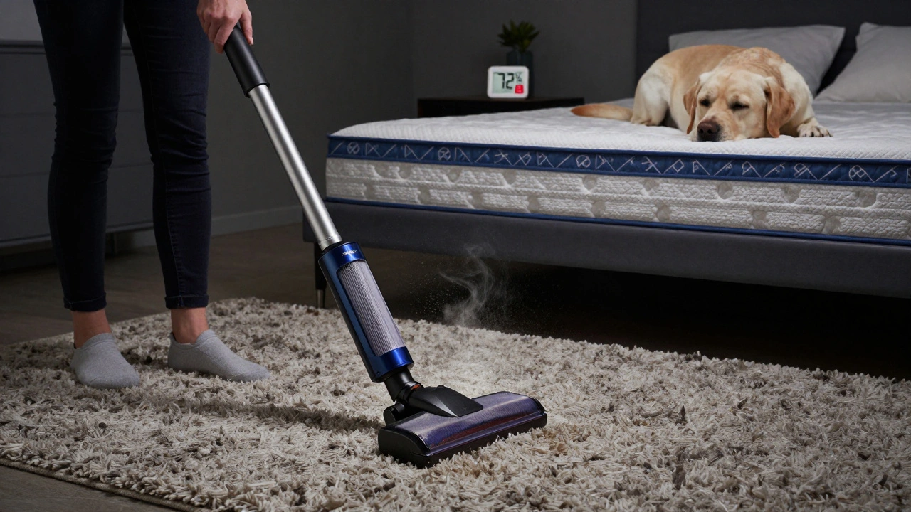 A HEPA vacuum cleaning a rug in a bedroom while a humidity gauge shows high levels, highlighting dust mite conditions.