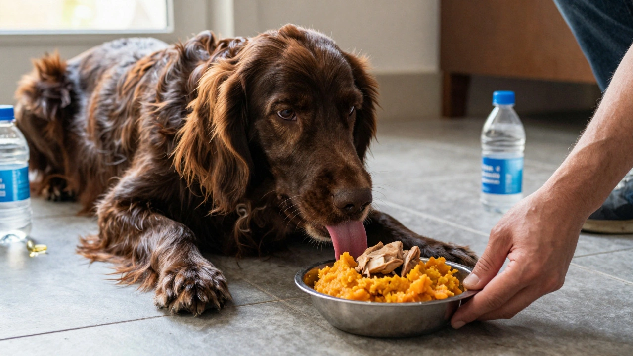 A hunting dog resting after a long day, being fed a recovery meal of chicken and sweet potato.