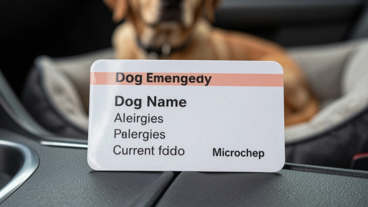 A laminated emergency card attached to a dog's collar with vital contact and medication info.