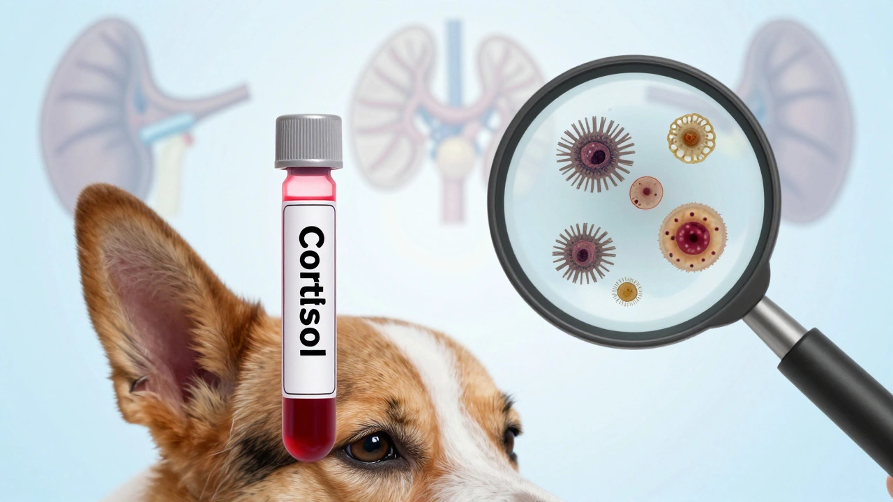 A magnified view of yeast and bacteria in a dog's infected ear, with cortisol levels highlighted beside a blood vial.