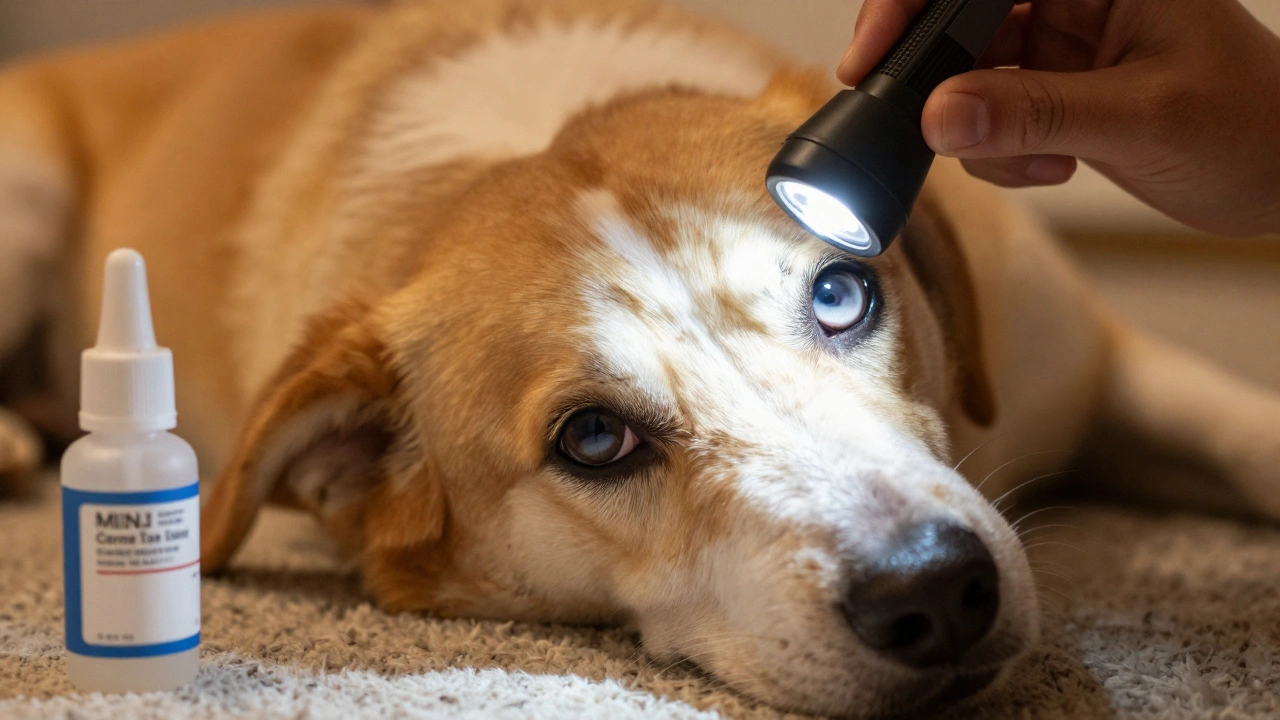 A person using a flashlight to examine a dog's eyes for clarity and symmetry.