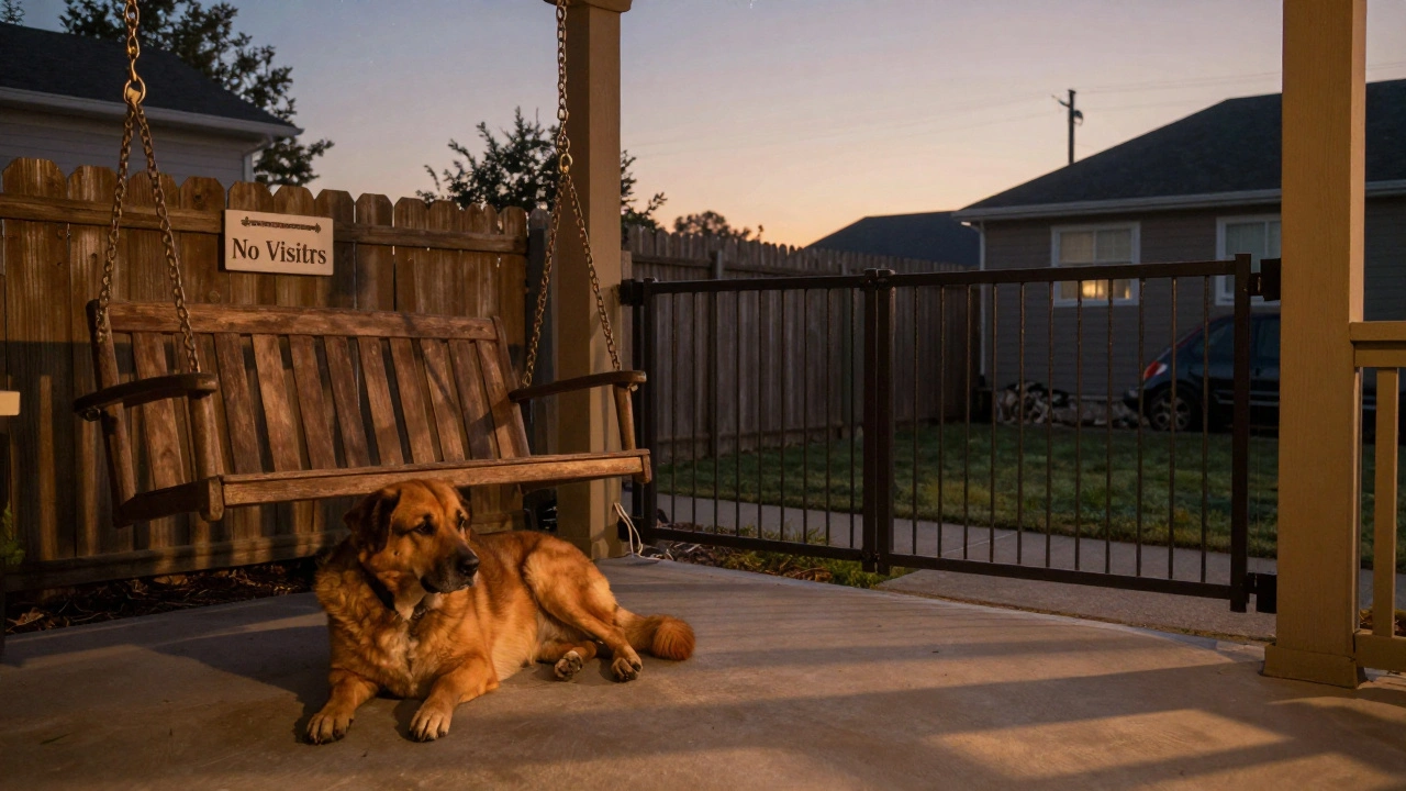 A rehomed dog rests peacefully beside a retired firefighter in a secure backyard, showing calm and safety in a quiet new home.