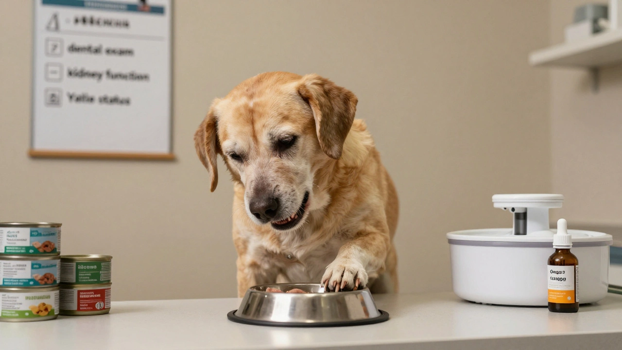 A senior dog hesitating to eat due to dental pain, with veterinary supplies visible in the background.