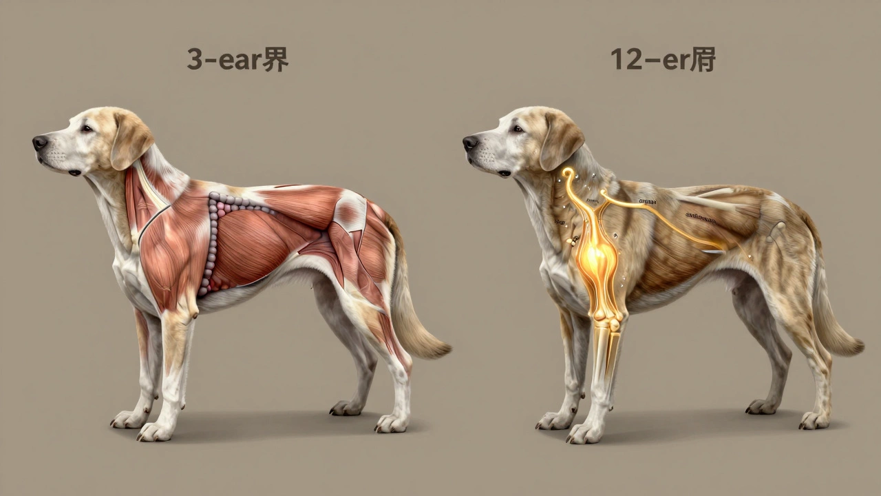 A side-by-side artistic depiction of a young dog's healthy body versus an older dog's aging system, with nutrients glowing as golden support streams.