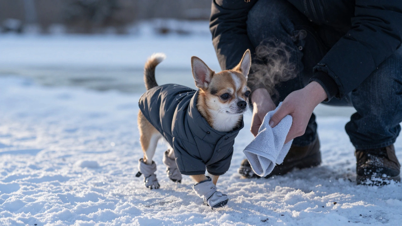 A small dog in a coat and booties walking through snow, being wiped after a walk.