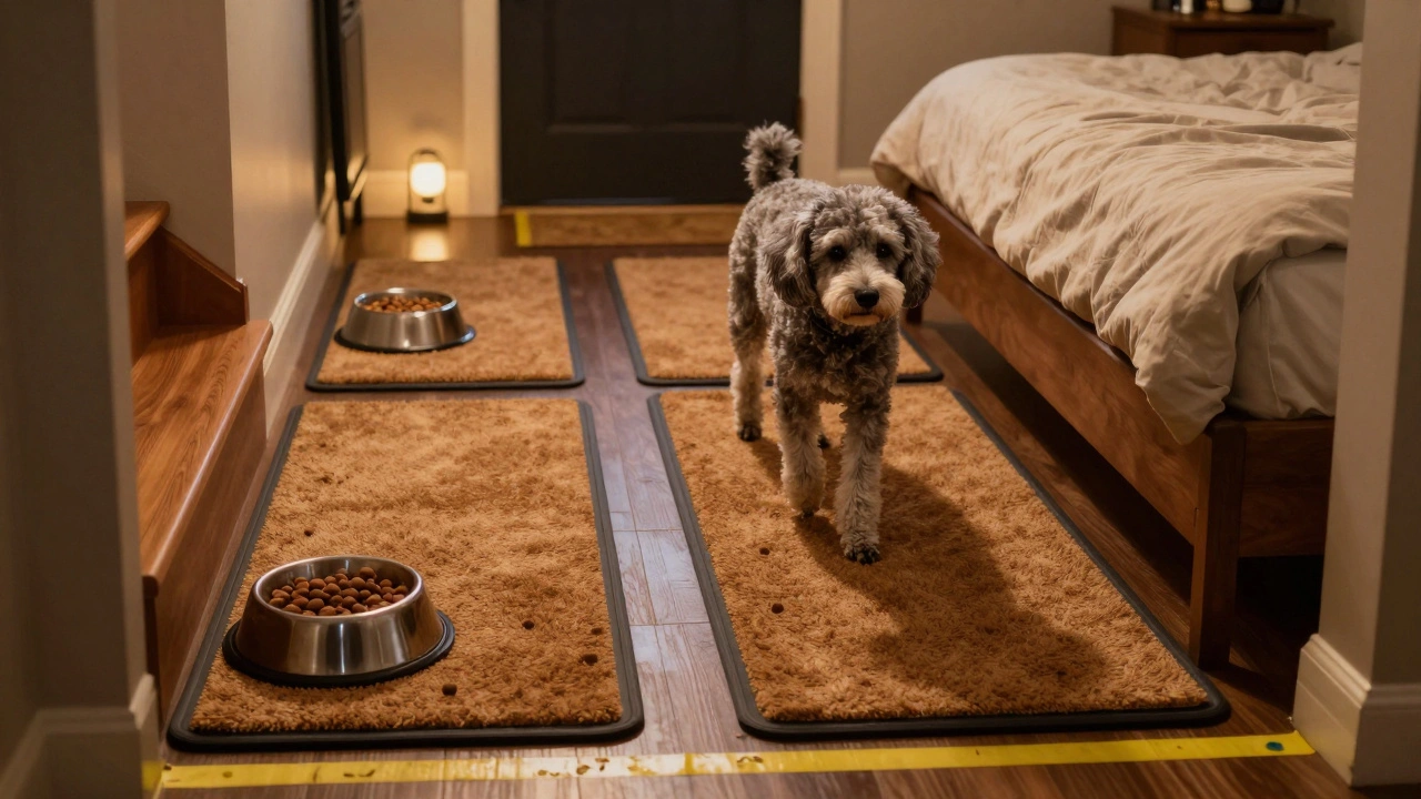 A small senior dog walking confidently across non-slip rugs placed along key pathways in a home.