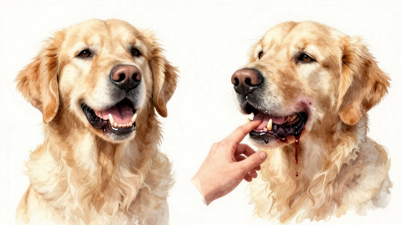 A split image comparing a healthy dog's mouth to one with an advanced oral tumor, highlighting the importance of early detection.