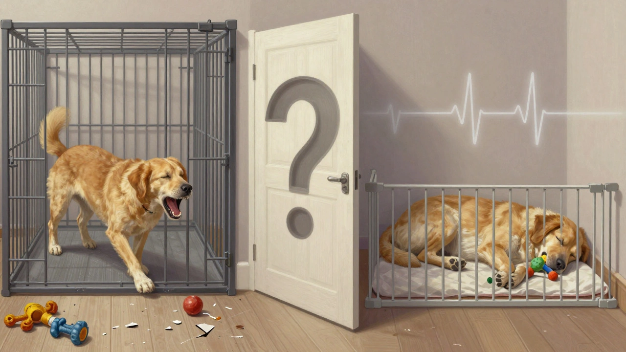 A split image showing a stressed dog in a crate versus a calm dog in a room, symbolizing anxiety relief.
