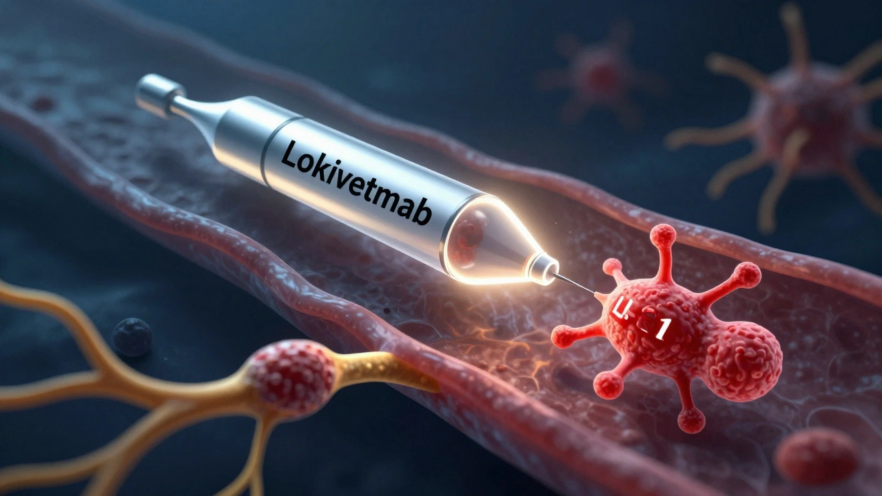 A stylized scientific illustration of a monoclonal antibody blocking an itch signal in a dog’s body.
