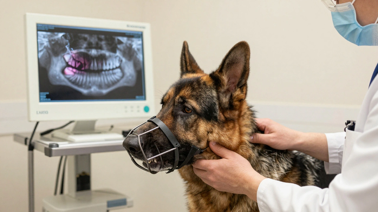 A veterinarian examining a German Shepherd's jaw during a dental checkup, with a dental X-ray visible in the background.