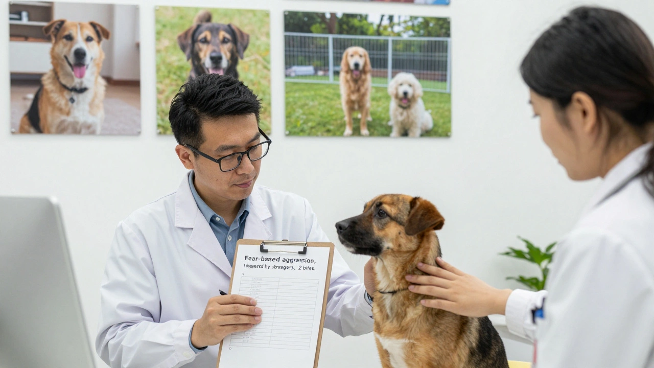 A veterinary behaviorist analyzes a dog's aggression patterns using notes and photos of successful rehoming cases in a clinic setting.