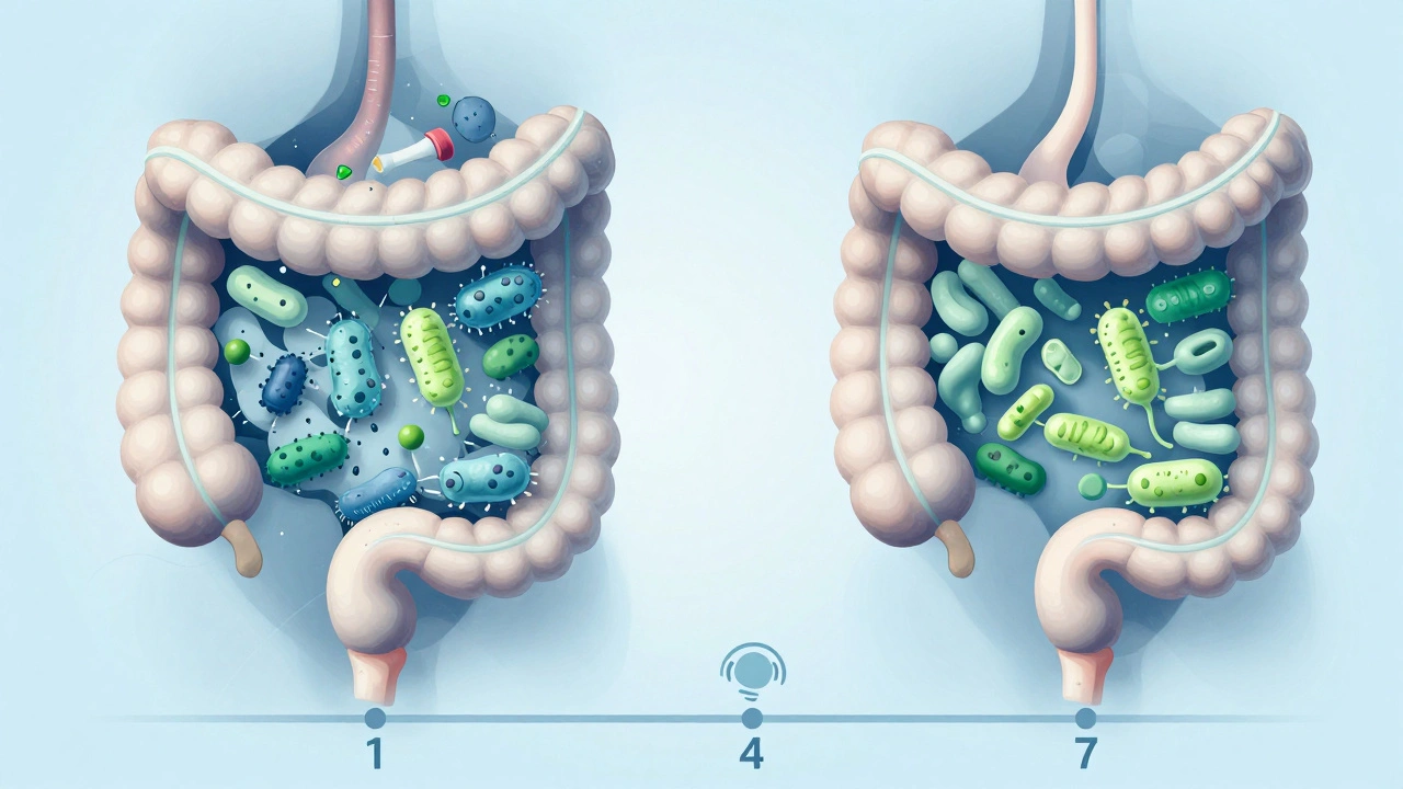 Anatomical illustration showing gut bacteria adapting from stress to balance during a 7-day food transition.