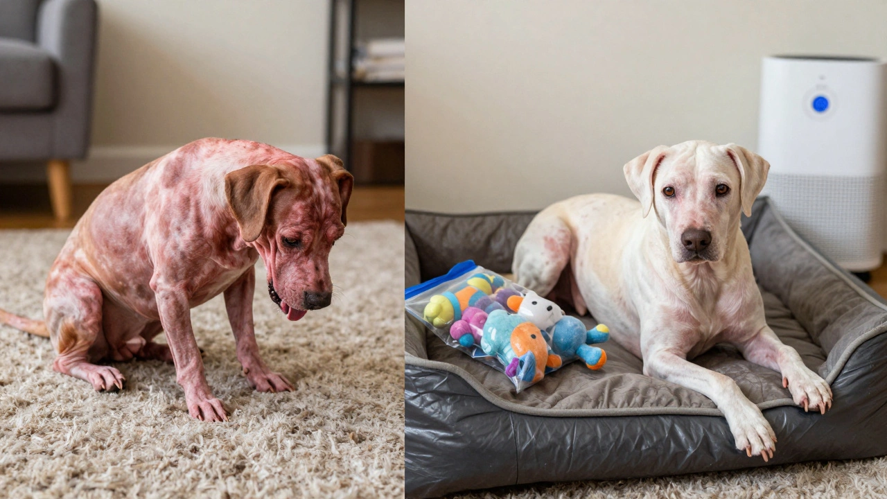 Before and after: a dog with itchy skin on carpet versus healthy skin on a clean bed, illustrating allergen control success.