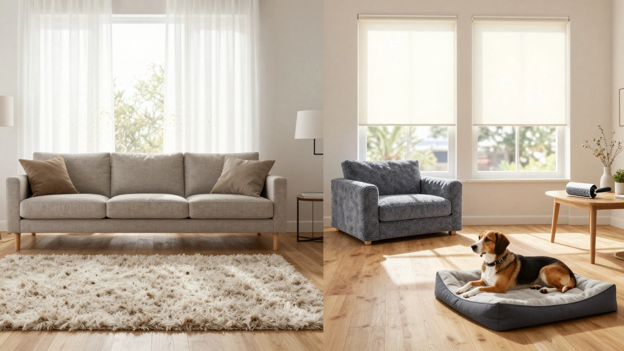 Before and after comparison of a living room: allergen-trapping fabrics replaced with easy-to-clean surfaces and pet accessories.