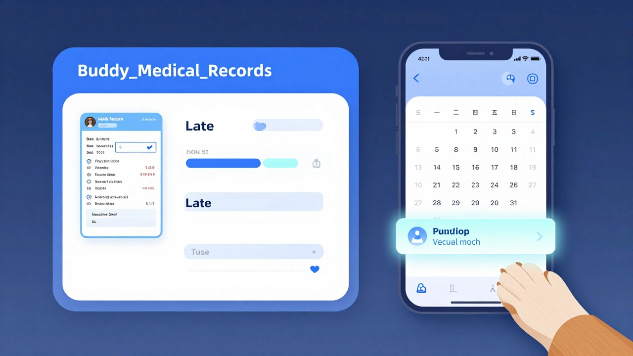 Digital folder on a laptop screen showing pet medical records with calendar reminders for vet visits.