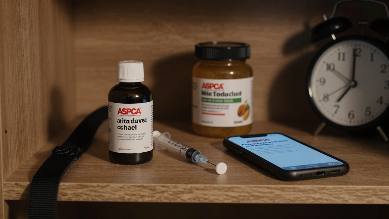 Dog emergency kit with activated charcoal, syringe, broth, and poison control number visible.