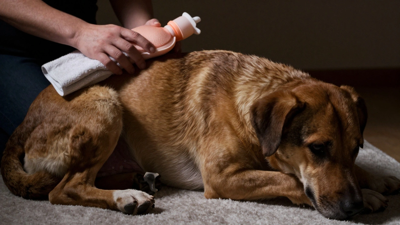Dog in labor with arched back and mucus plug visible, human hand ready with towel nearby.