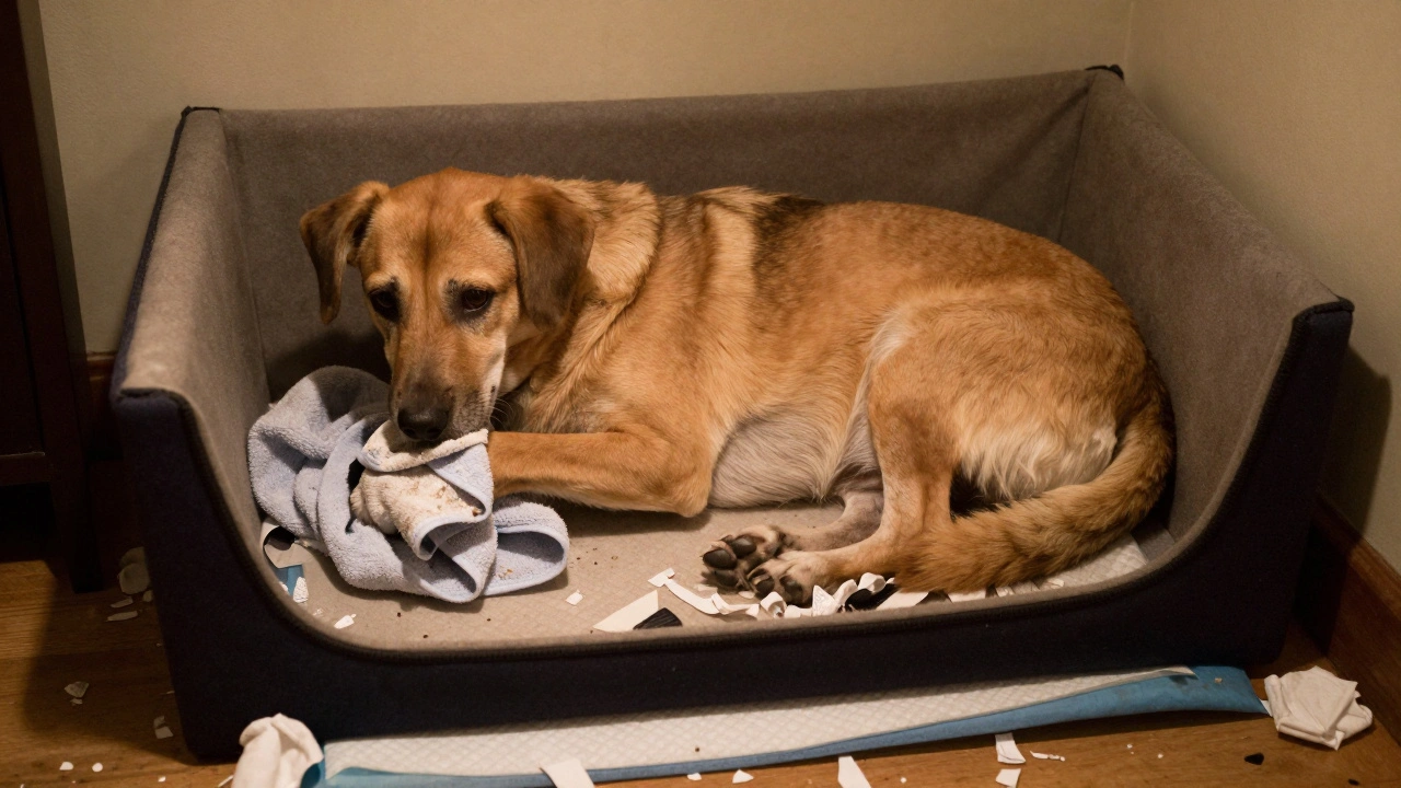 Dog nesting in whelping box, tearing towels, tail tucked, in dim warm light.