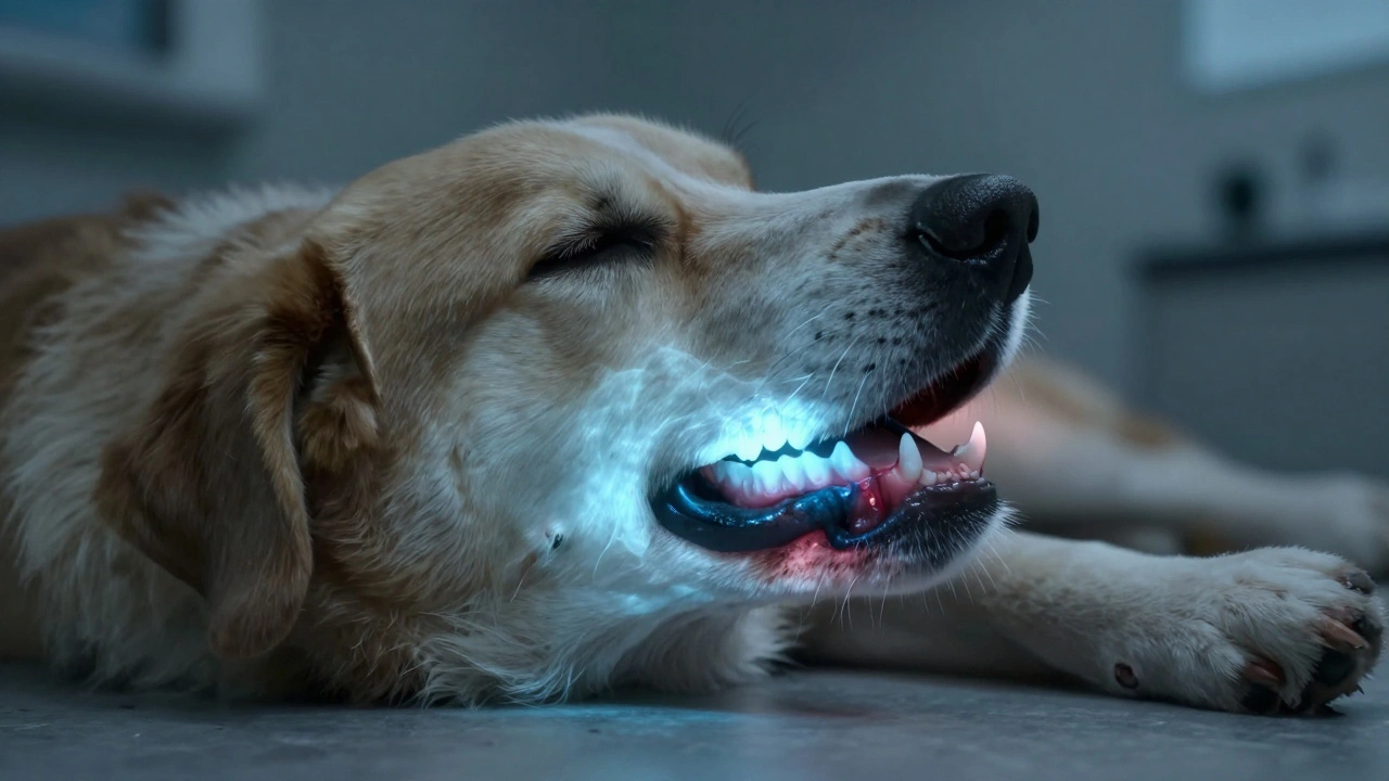 Dog resting peacefully after dental treatment, with clean teeth highlighted in an X-ray overlay.