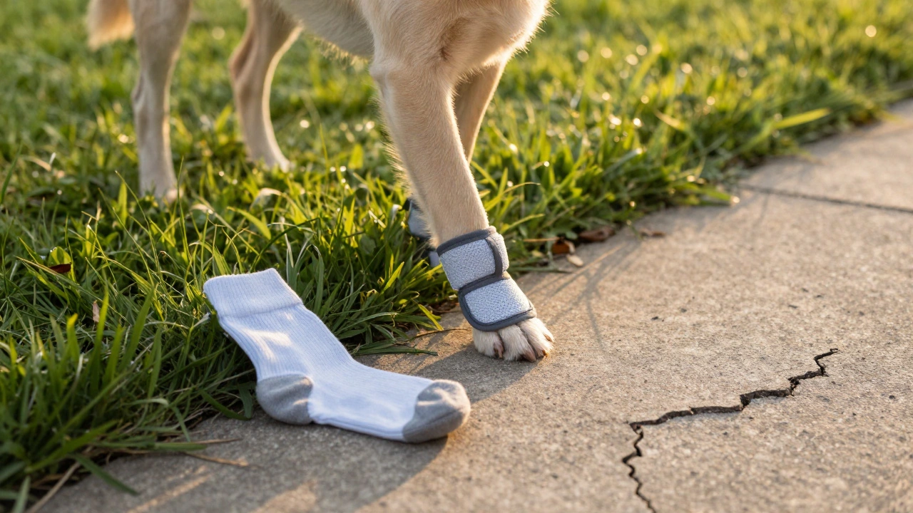 Dog walking on grass beside hot pavement, wearing protective booties in morning light.