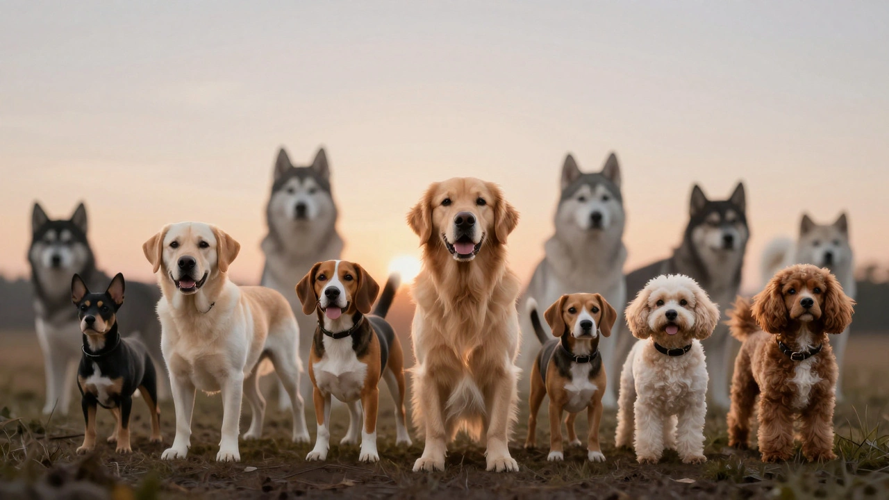 Five beginner-friendly dog breeds standing together in soft dawn light, with high-maintenance breeds fading behind.