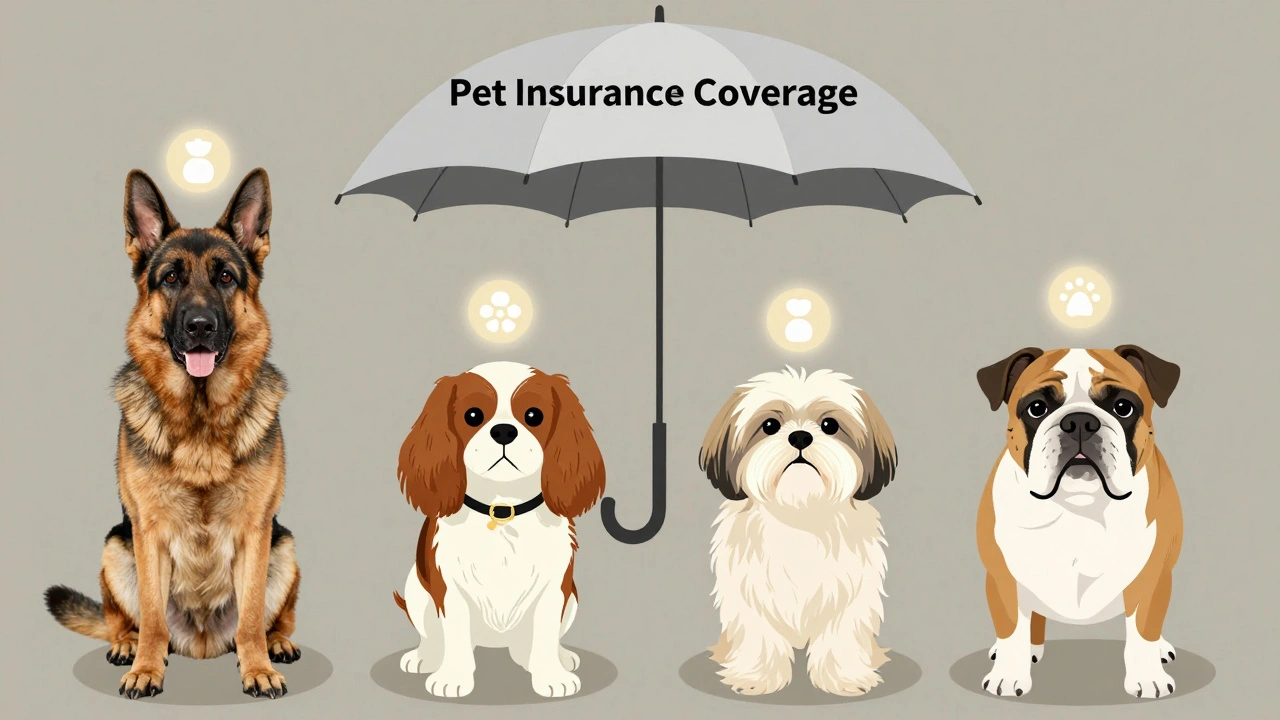 Four dog breeds each with a glowing symbol representing their common inherited health condition under an umbrella labeled 'Pet Insurance'.