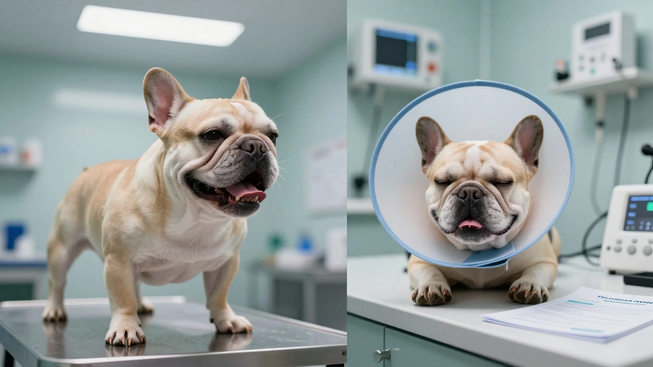 French Bulldog struggling to breathe in vet clinic contrasted with same dog recovering peacefully after surgery.