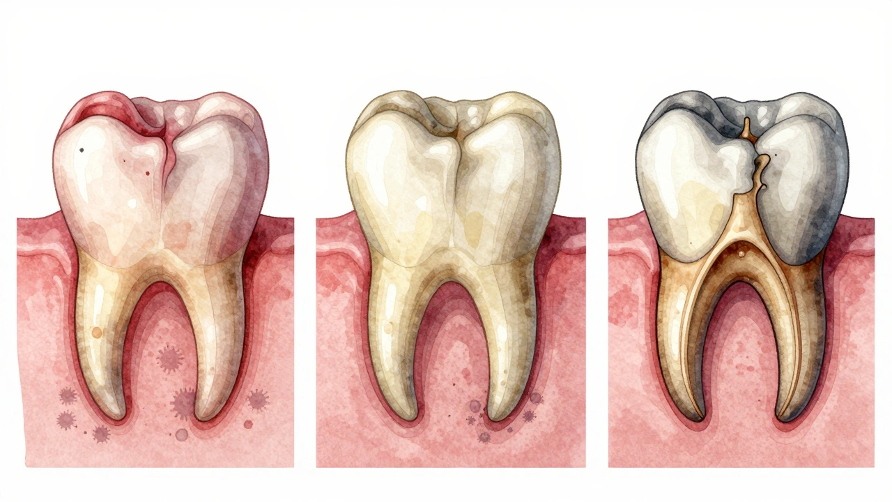 Illustration showing three stages of periodontal disease progression in a dog's jaw.